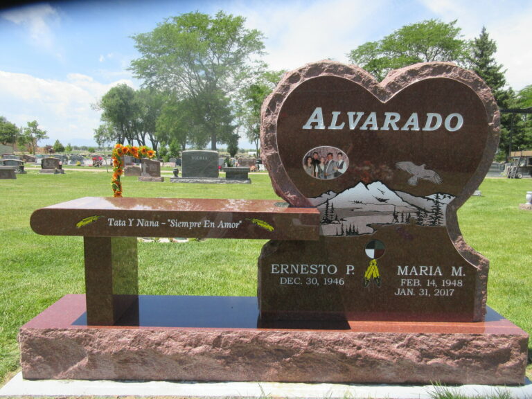 Red granite heart memorial with bench